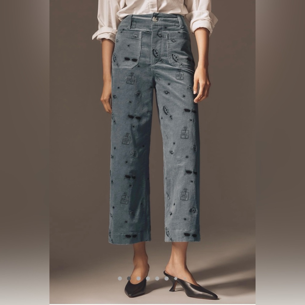 Anthropologie The Colette Crop Wide Leg Embroidered Corduroy Pants by Maeve - Picture 2 of 12